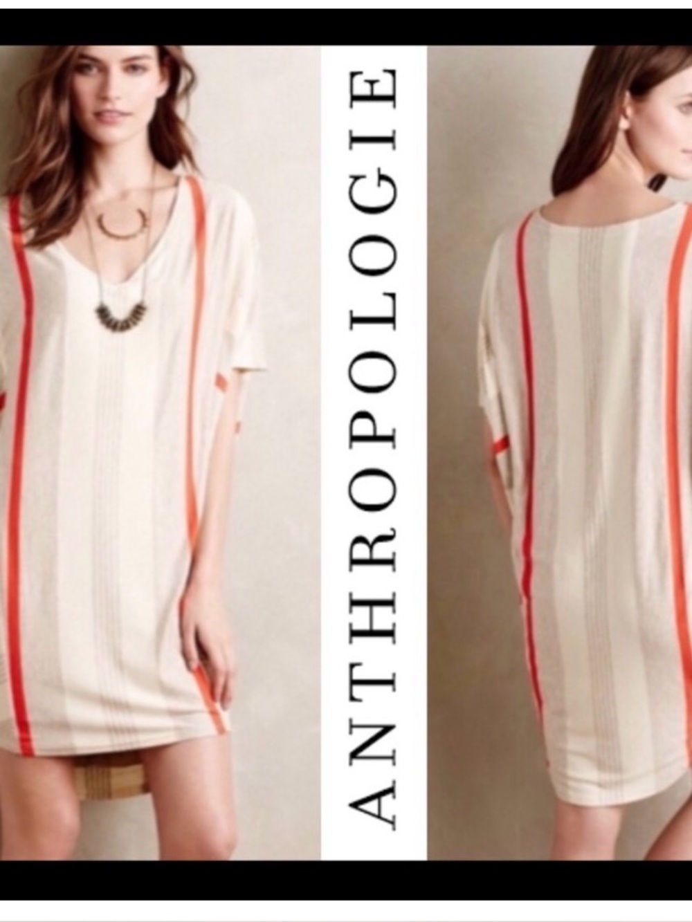 Anthropologie Cream Tunic Dress with Coral Stripe